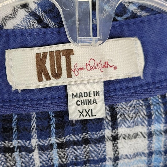 Kut from the Kloth Snap Front Shirt Top XXL Blue White Plaid Long Sleeve Collar - Picture 8 of 10